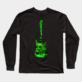 Green Flame Guitar Silhouette on Black Long Sleeve T-Shirt